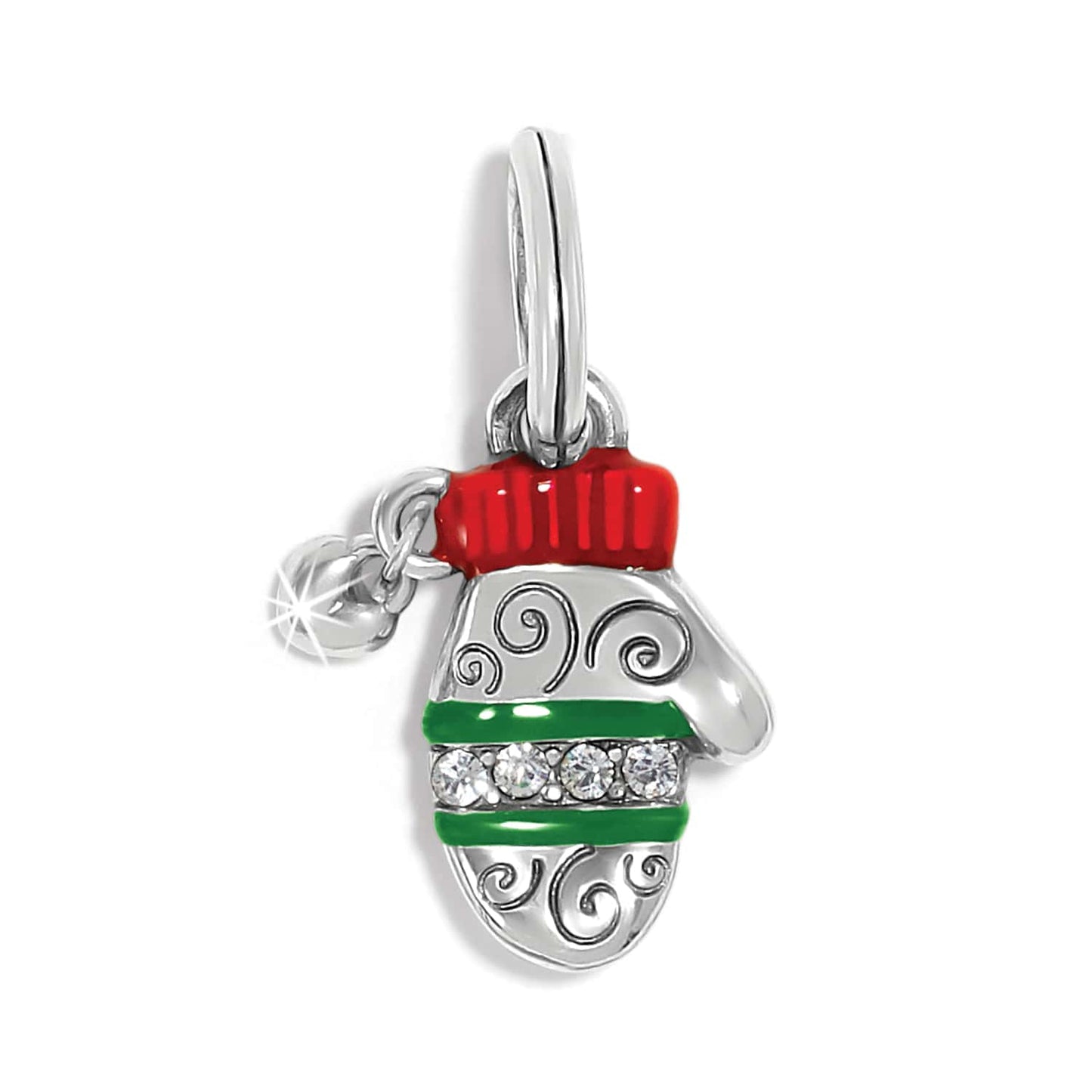 Brighton mitten charm with red and green enamel, silver-plated scrollwork, and crystal accents on a white background