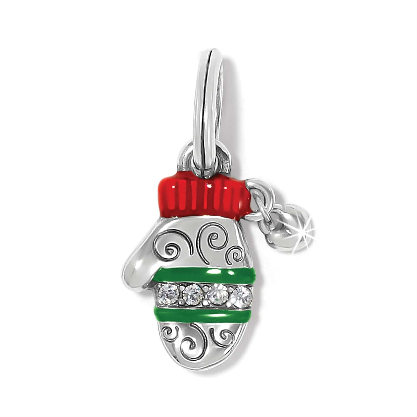 Brighton mitten charm with red and green enamel, silver-plated scroll detail, and crystal accents on a white background