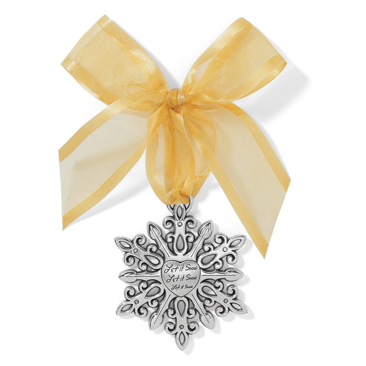 Brighton silver-plated snowflake ornament with Let it Snow engraved heart center and gold organza bow on a white background