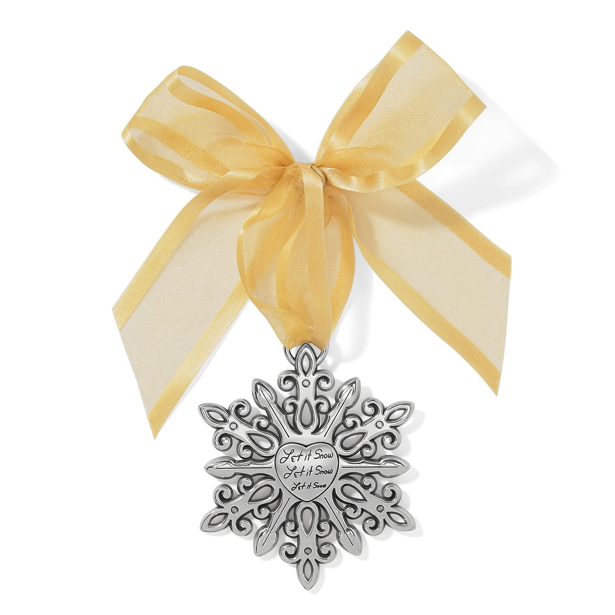 Brighton silver-plated snowflake ornament with Let it Snow engraved heart center and gold organza bow on a white background