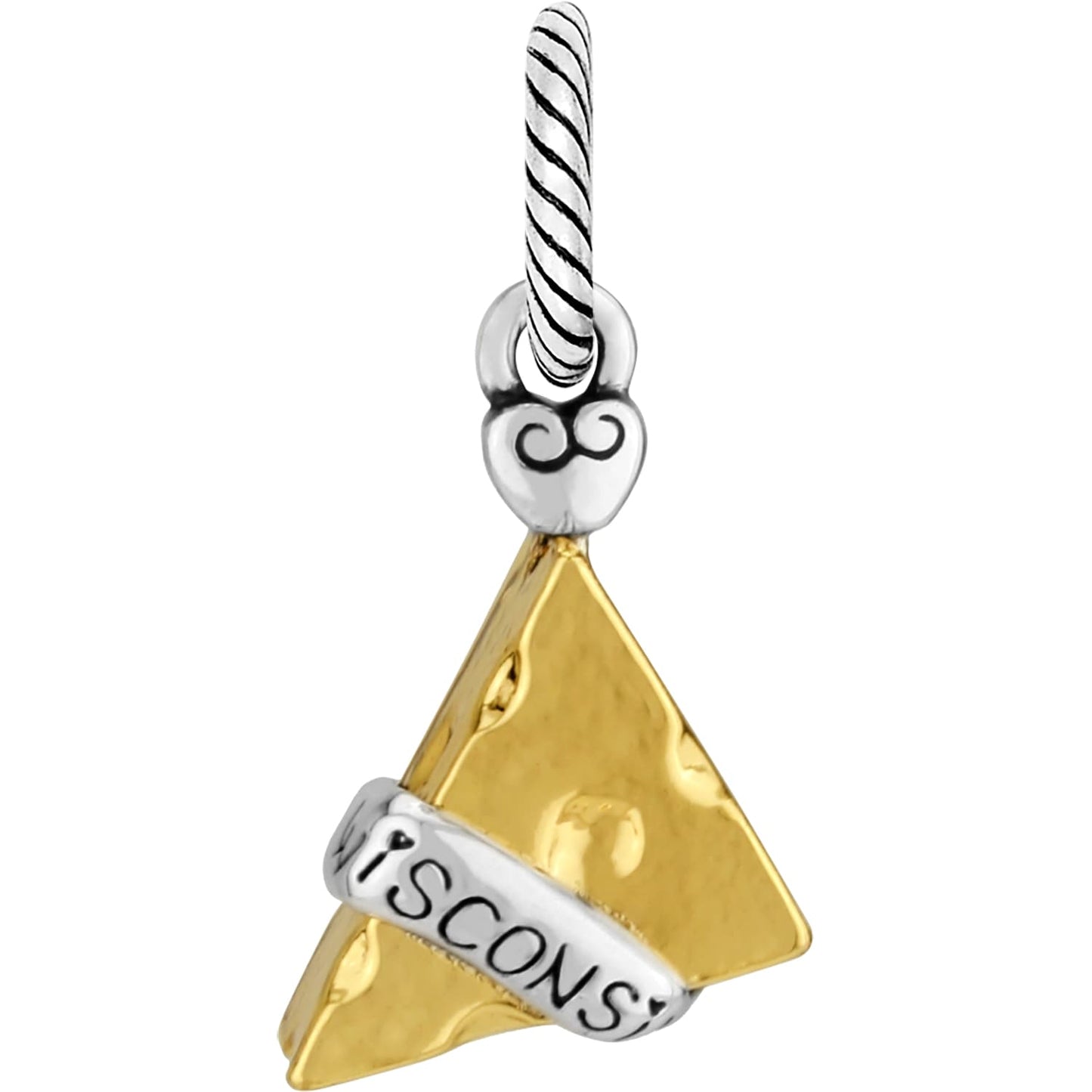 Brighton charm shaped like a golden cheese wedge with silver-tone Wisconsin banner and rope-textured bail on a white background