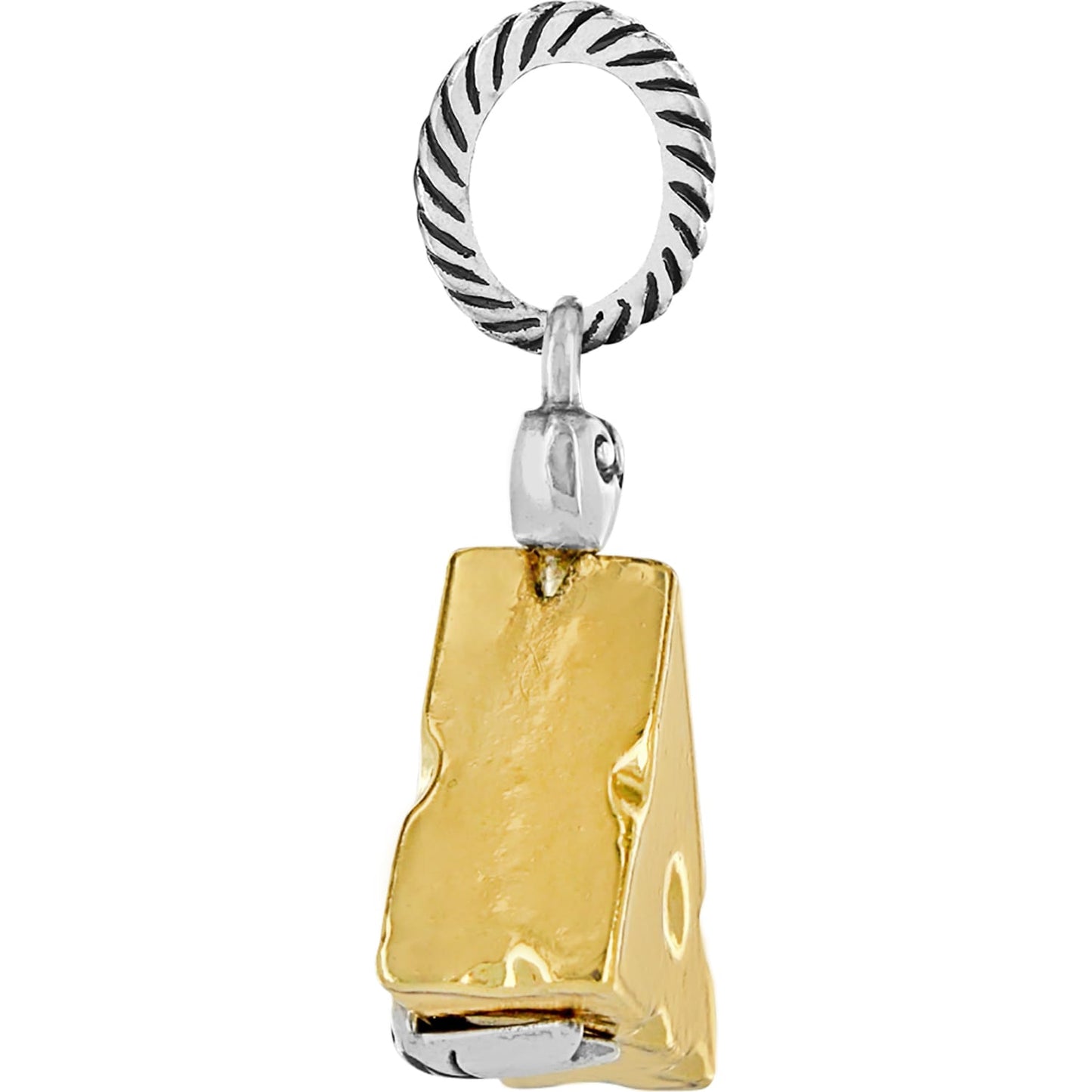 Brighton charm shaped like a wedge of Swiss cheese with gold-tone finish and silver-tone rope bail on a white background