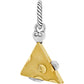 Brighton charm shaped like a gold-tone cheese wedge with silver-tone mouse detail and rope bail on a white background