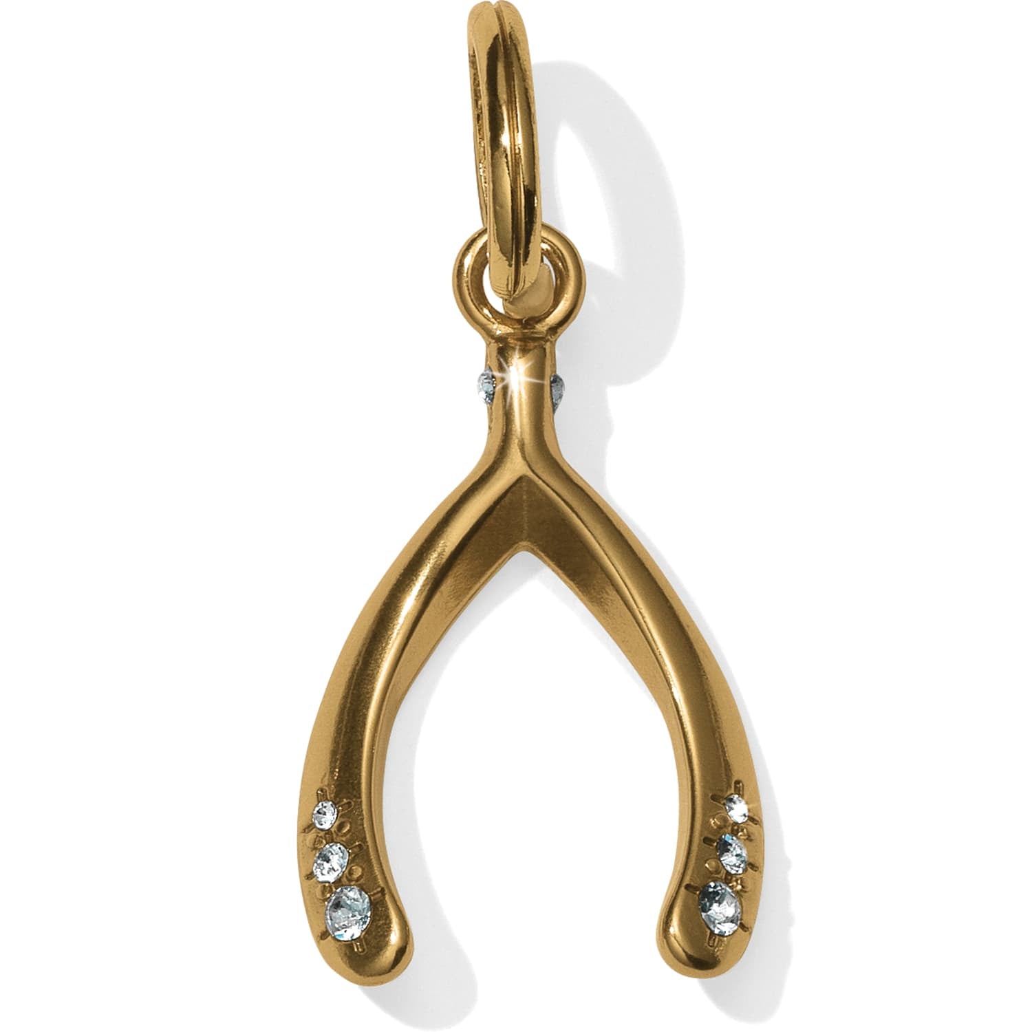 Brighton wishbone charm with gold-plated finish and crystal accents at the tips on a white background