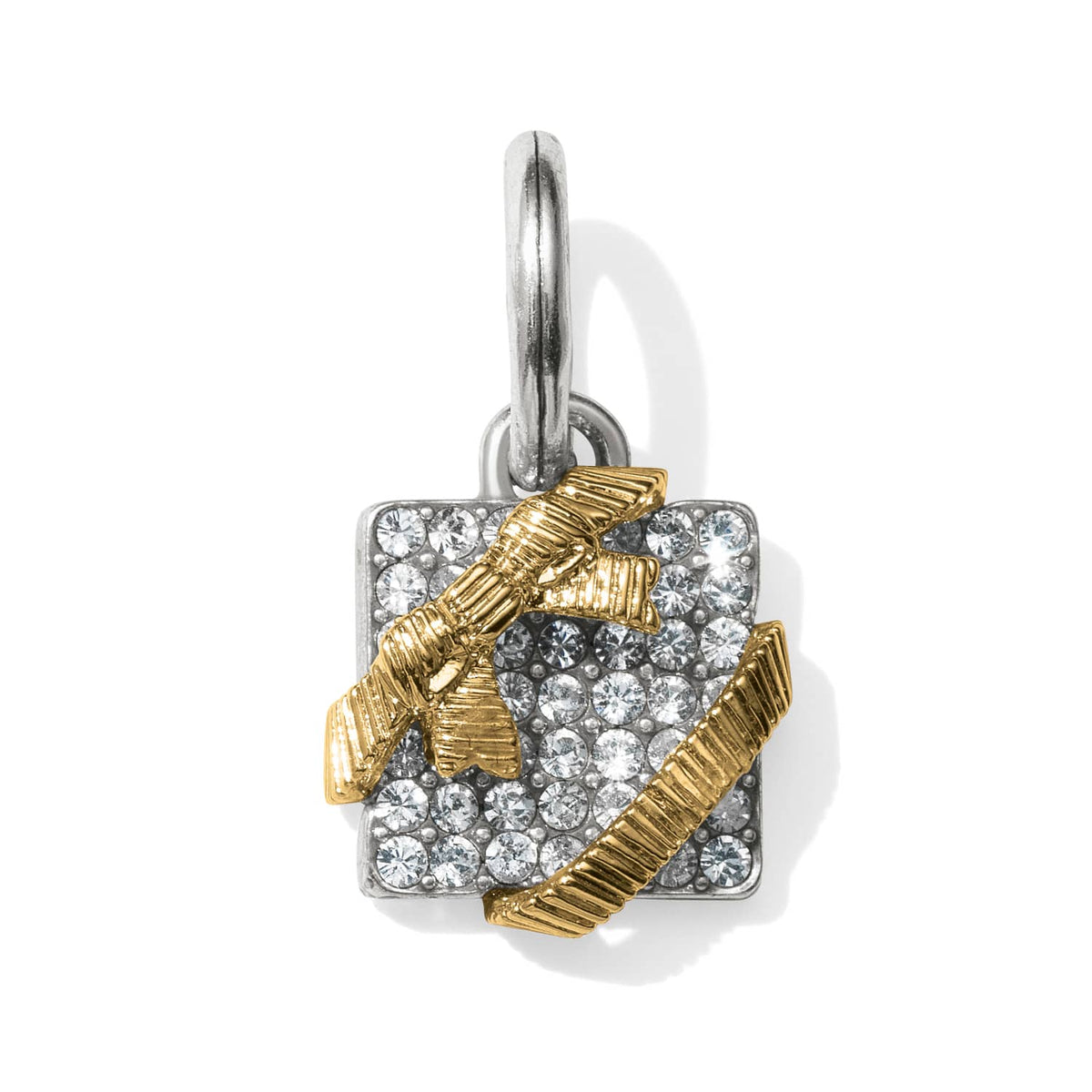 Brighton charm with silver-plated square face, pavé crystals, and gold-tone ribbon detail on a white background