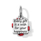 Brighton silver-plated square charm engraved with happiness message and red enamel gift bow accents on a white background