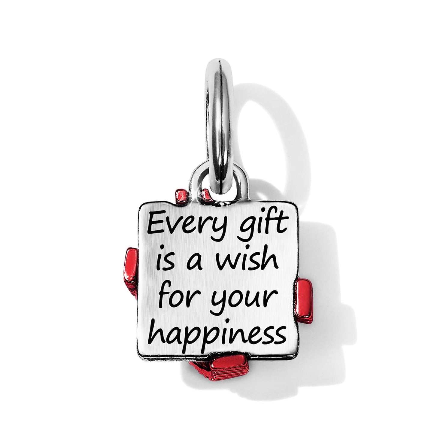 Brighton silver-plated square charm engraved with happiness message and red enamel gift bow accents on a white background