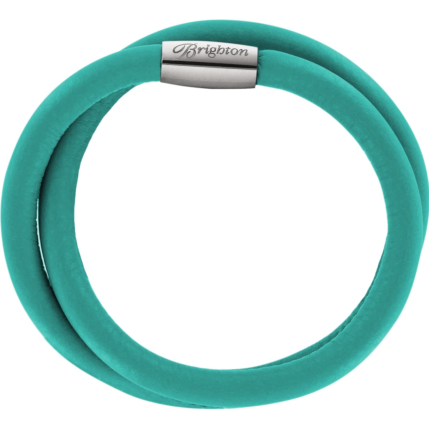 Brighton double-wrap bracelet in teal leather with silver-plated magnetic clasp engraved with logo on a white background