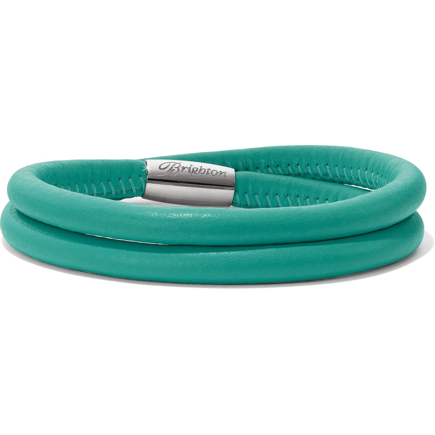Brighton wrap bracelet in turquoise leather with silver-plated engraved magnetic clasp on a white background