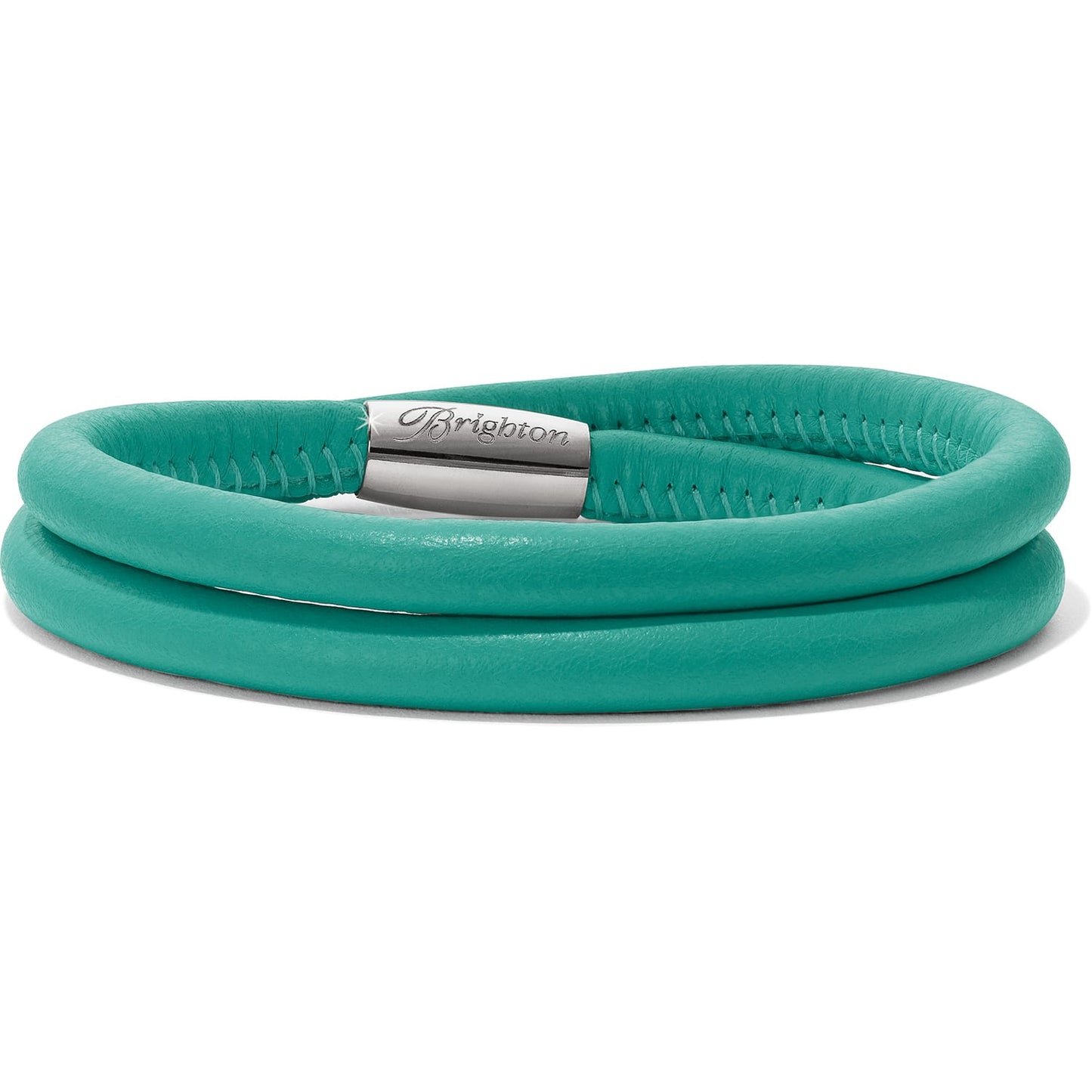 Brighton wrap bracelet in turquoise leather with silver-plated engraved magnetic clasp on a white background