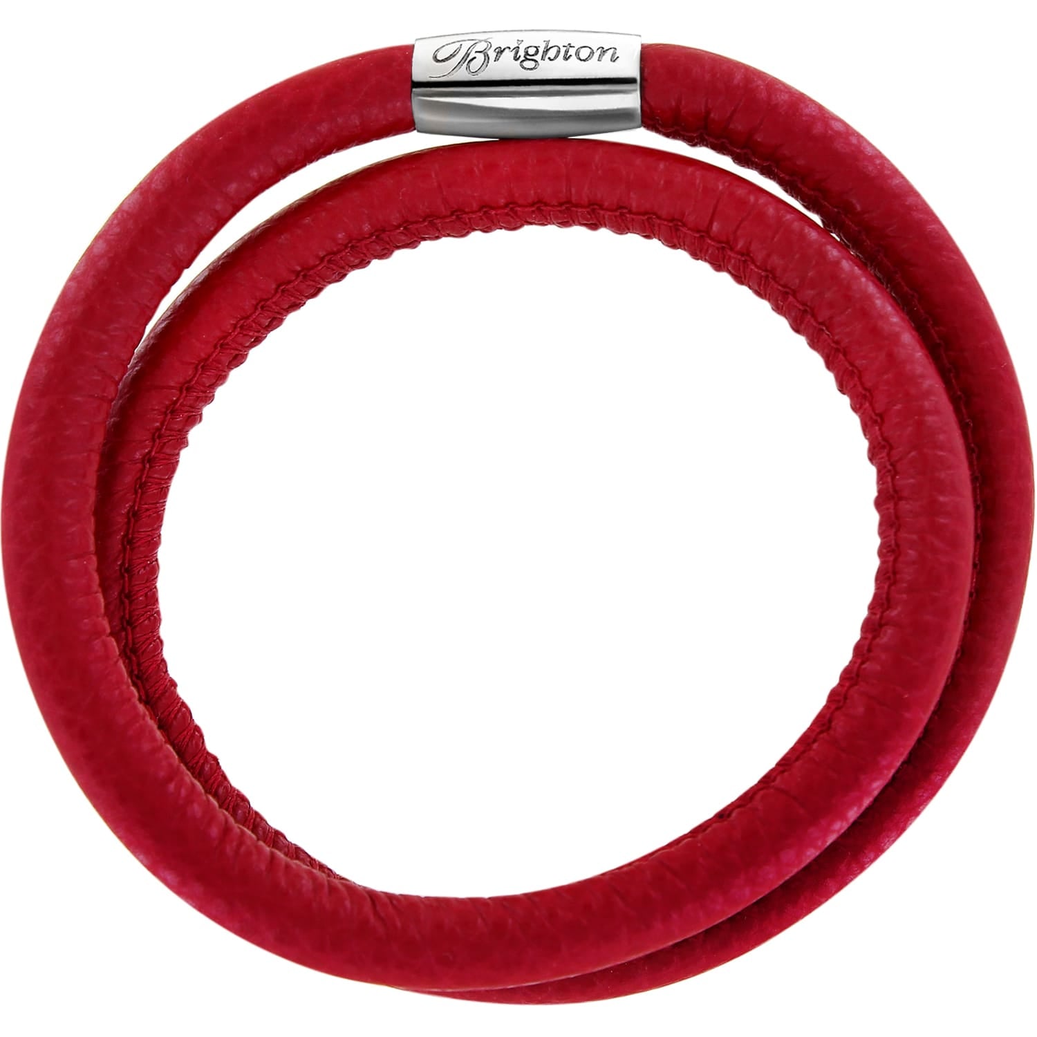Brighton wrap bracelet in red leather with silver-plated magnetic clasp engraved with logo on a white background