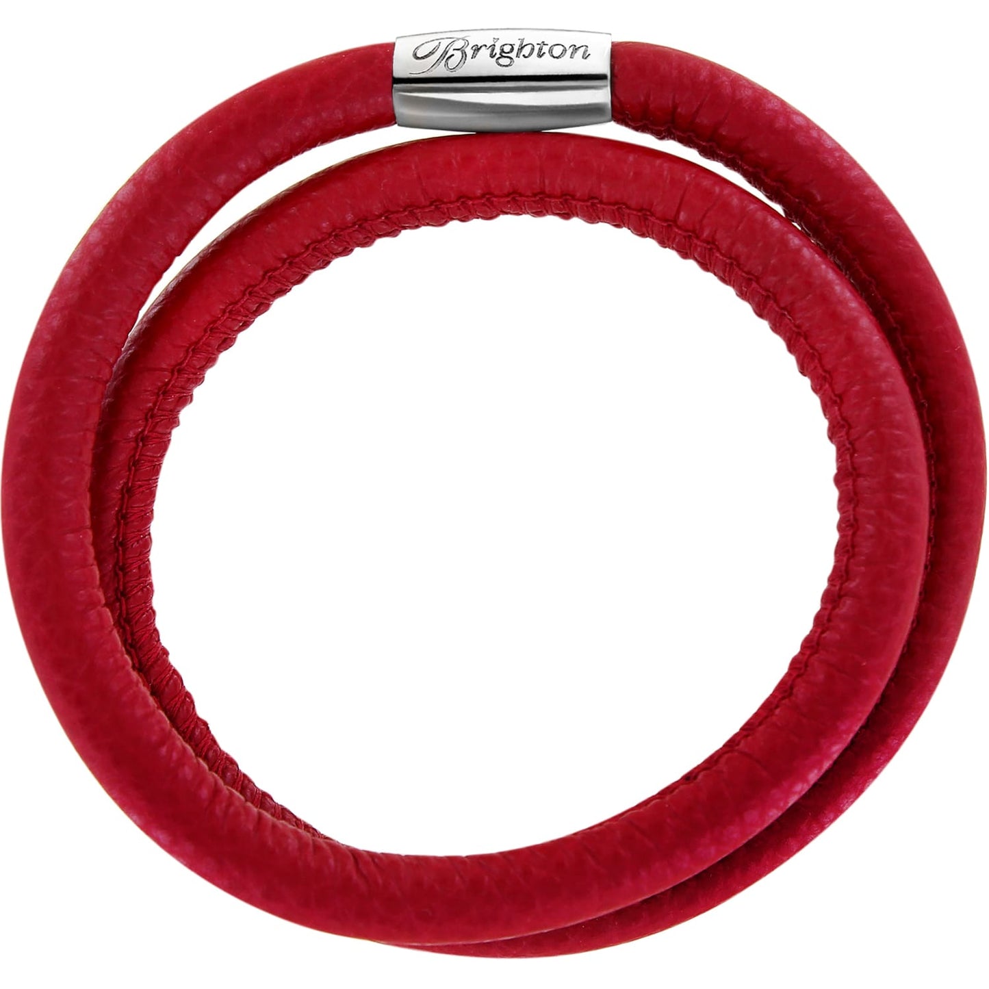 Brighton wrap bracelet in red leather with silver-plated magnetic clasp engraved with logo on a white background