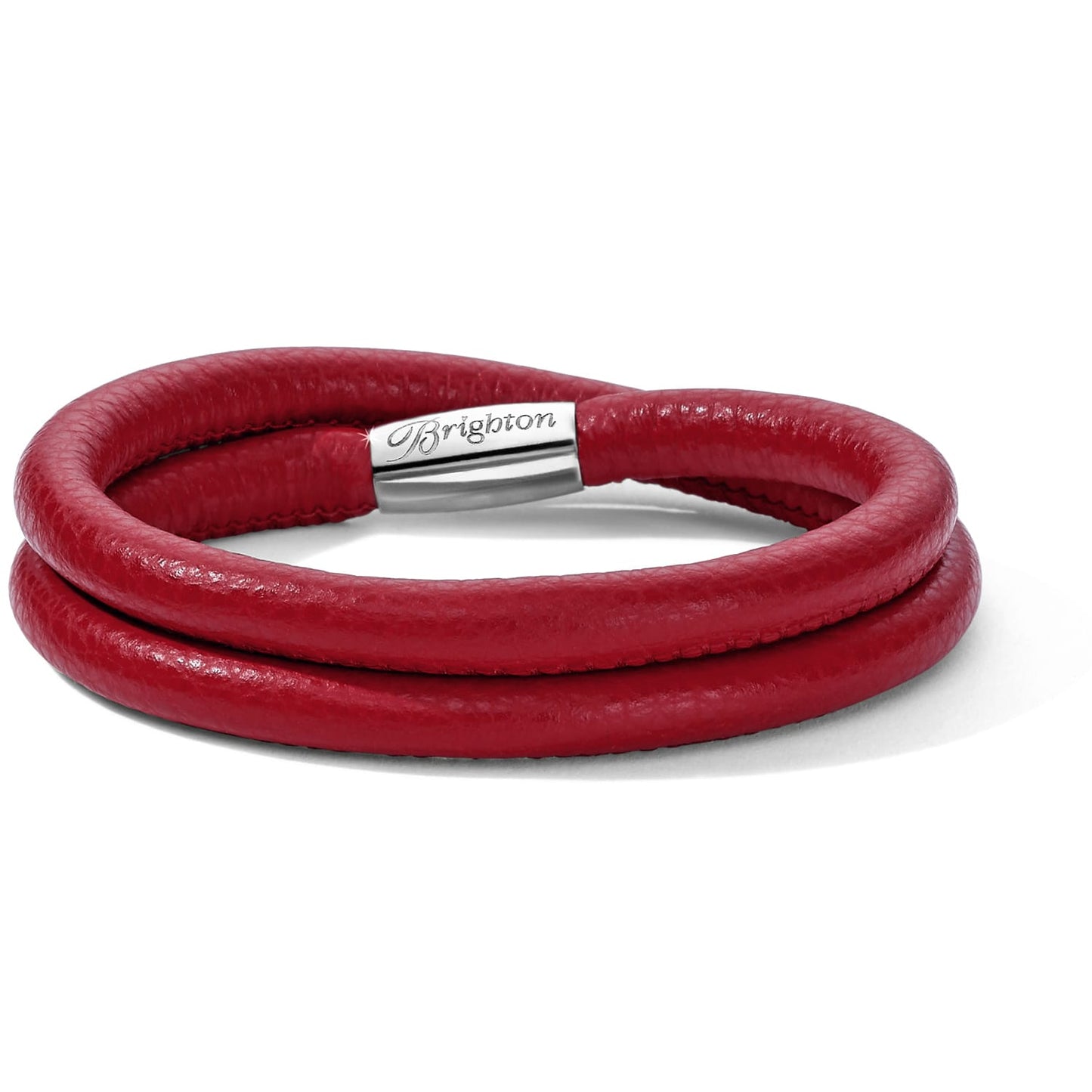 Brighton wrap bracelet in red leather with silver-plated engraved magnetic clasp on a white background