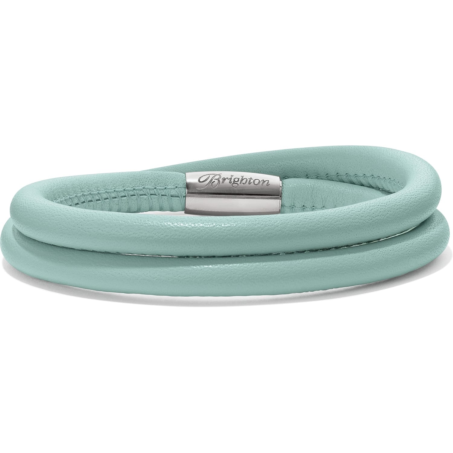 Brighton wrap bracelet in mint leather with silver-plated magnetic clasp and engraved logo on a white background