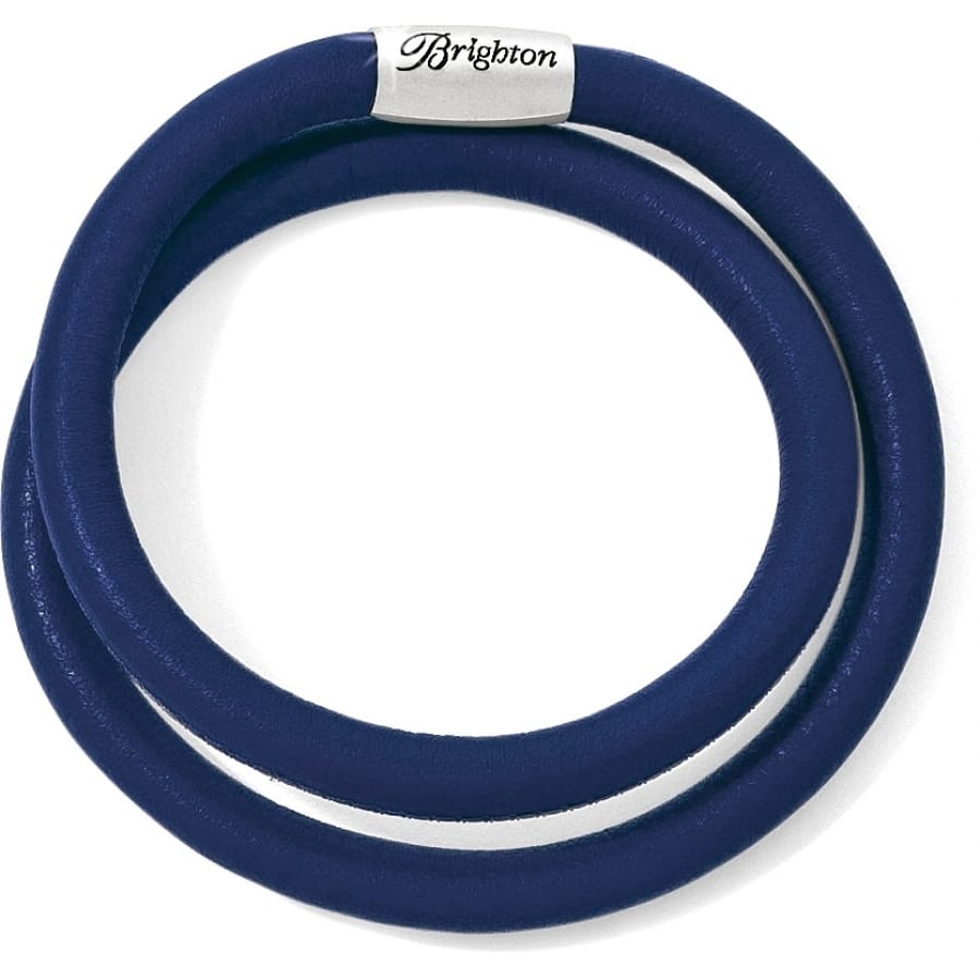Brighton wrap bracelet in navy blue leather with silver-plated magnetic clasp on a white background