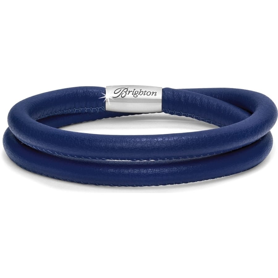 Brighton wrap bracelet in blue leather with silver-plated magnetic clasp and engraved logo on a white background