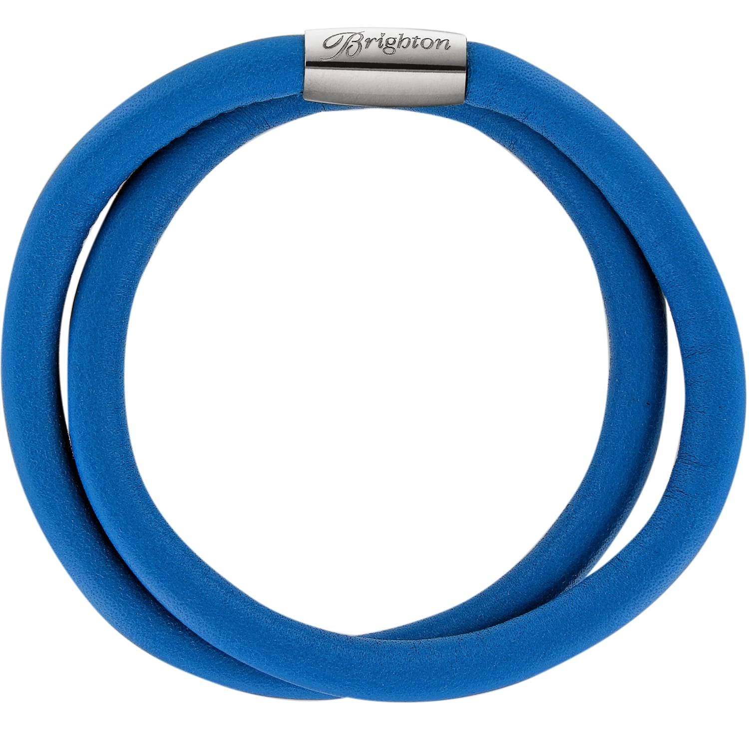 Brighton wrap bracelet in blue leather with silver-plated magnetic clasp featuring engraved logo on a white background