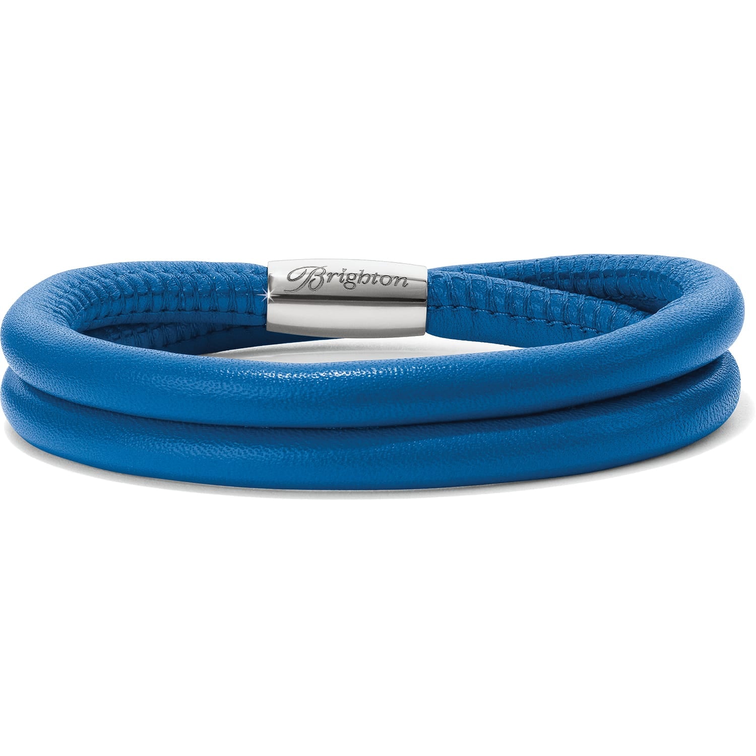 Brighton wrap bracelet in blue leather with silver-plated engraved magnetic clasp on a white background