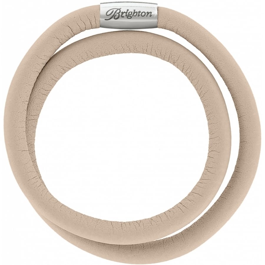 Brighton double wrap bracelet in beige leather with silver-plated magnetic clasp engraved with logo on a white background