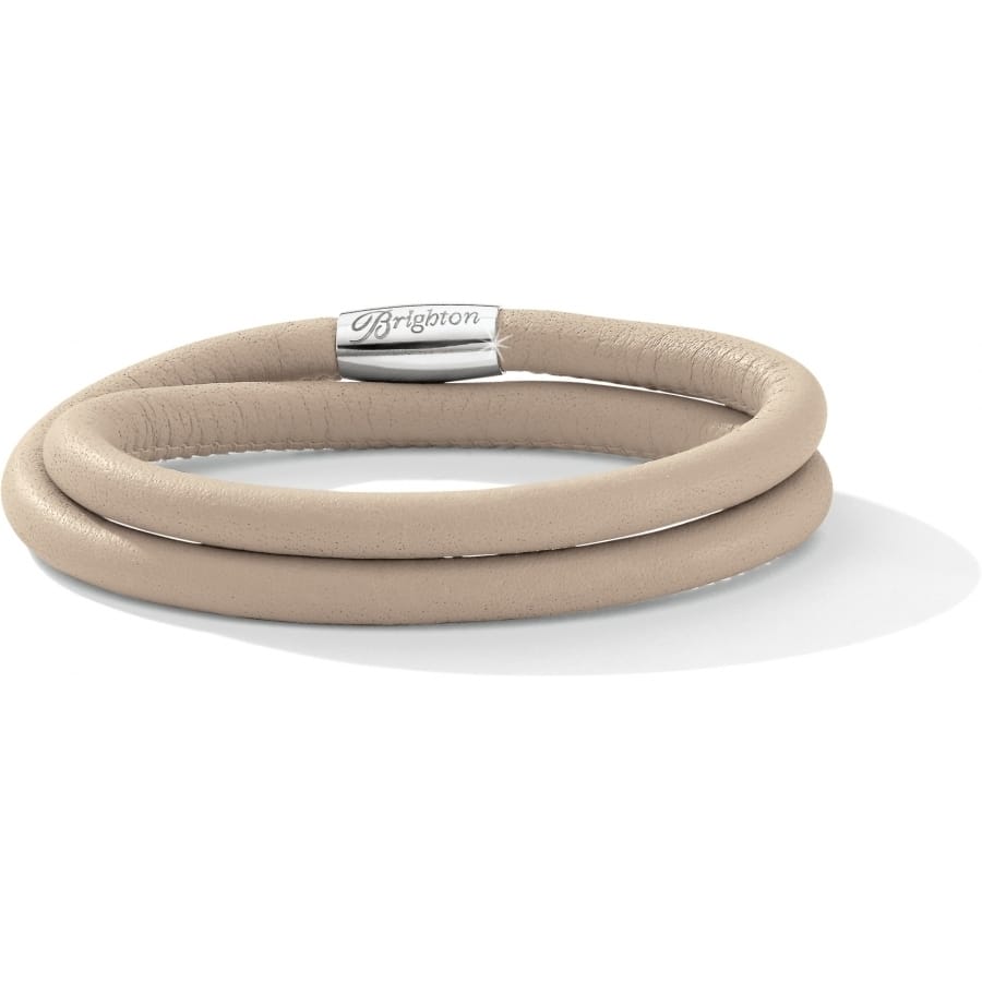 Brighton wrap bracelet in beige leather with silver-plated logo magnetic clasp on a white background