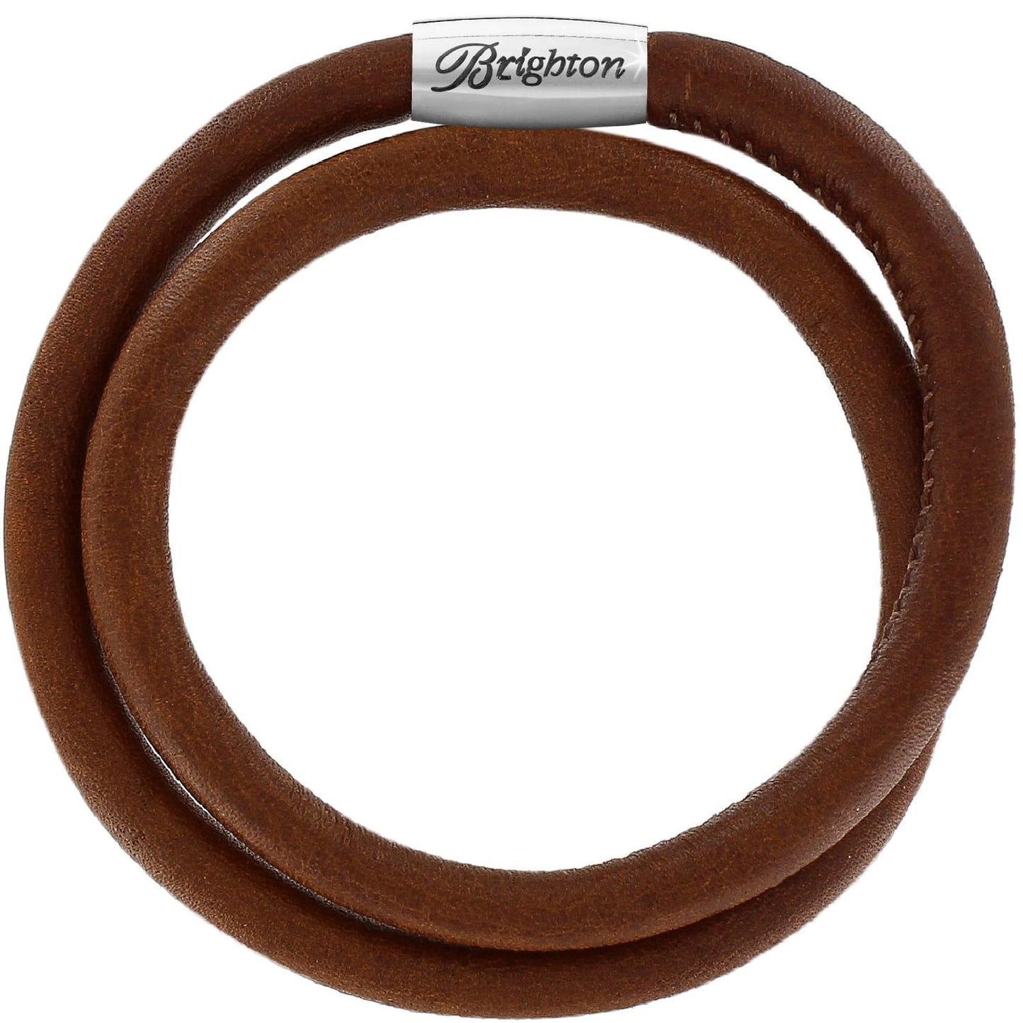 Brighton wrap bracelet in brown leather with silver-plated magnetic clasp featuring engraved logo on a white background