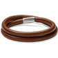 Brighton wrap bracelet in brown leather with silver-plated engraved magnetic clasp on a white background