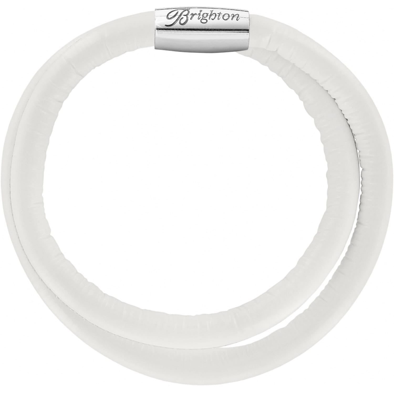 Brighton wrap bracelet in white leather with silver-plated magnetic clasp engraved with logo on a white background