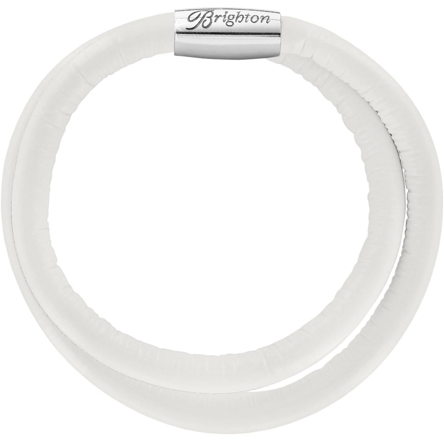 Brighton wrap bracelet in white leather with silver-plated magnetic clasp engraved with logo on a white background