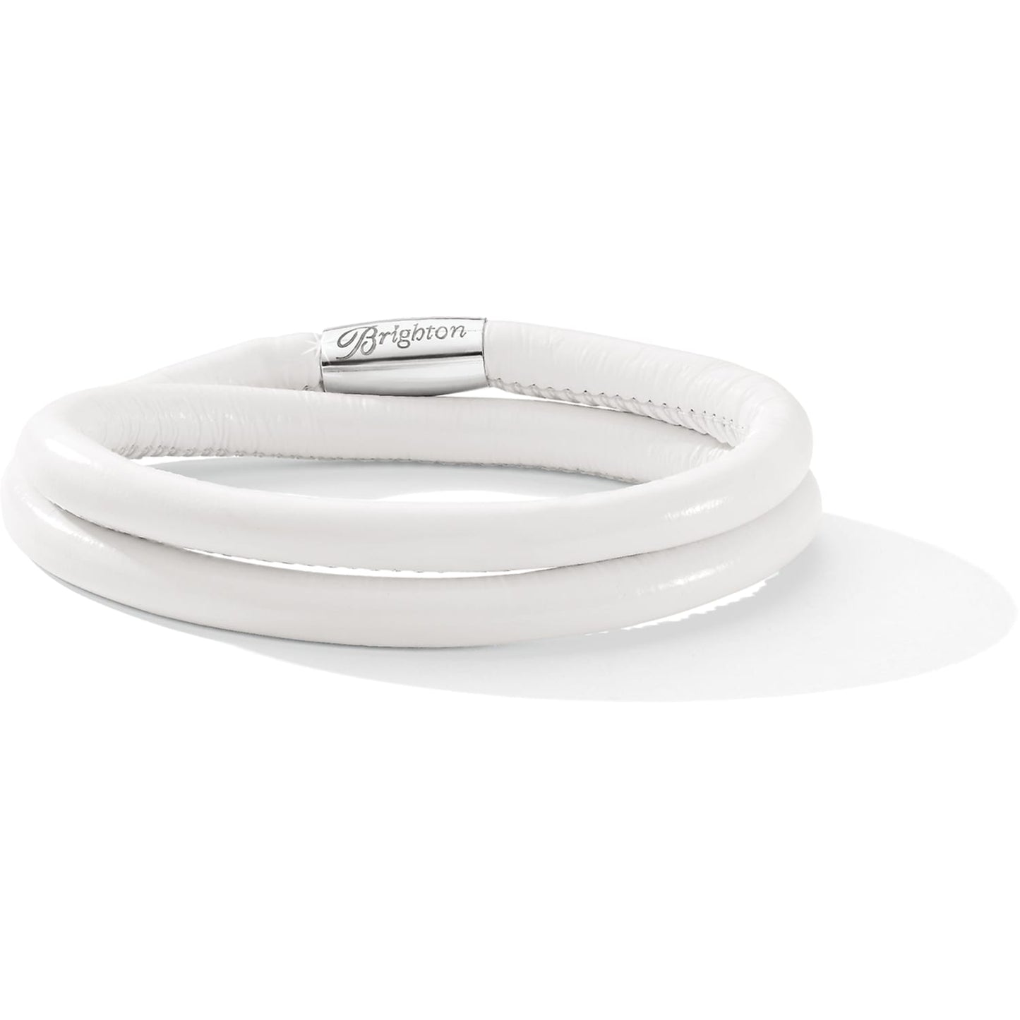 Brighton white leather double wrap bracelet with silver-plated magnetic clasp and engraved logo on a white background