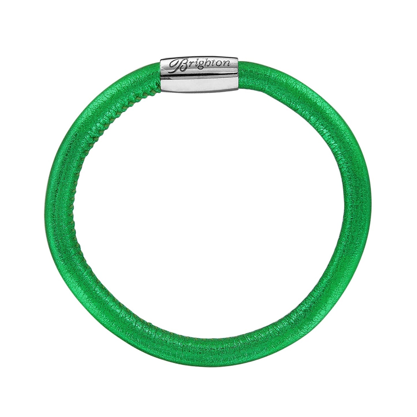 Brighton bracelet in metallic green leather with silver-plated magnetic clasp engraved with brand name on a white background