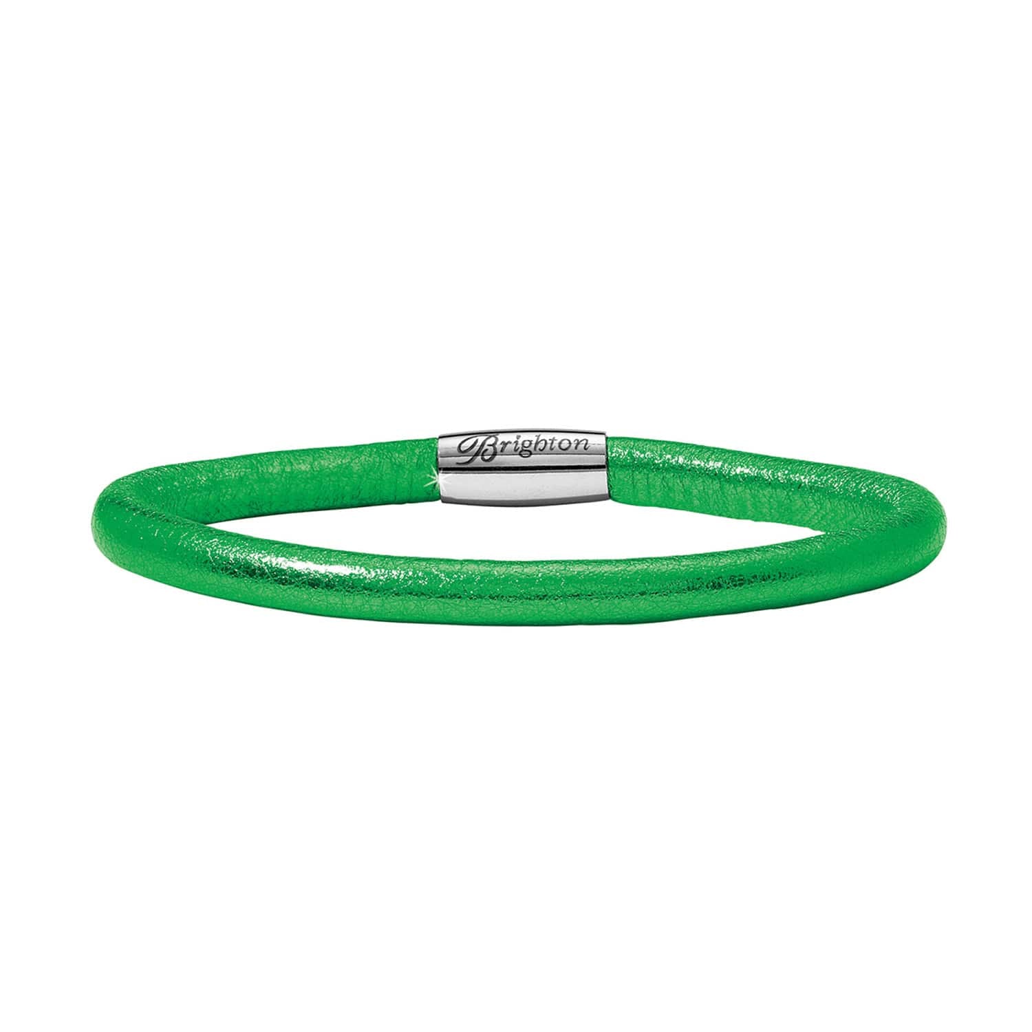 Brighton bracelet in green leather with silver-plated magnetic clasp featuring engraved logo on a white background