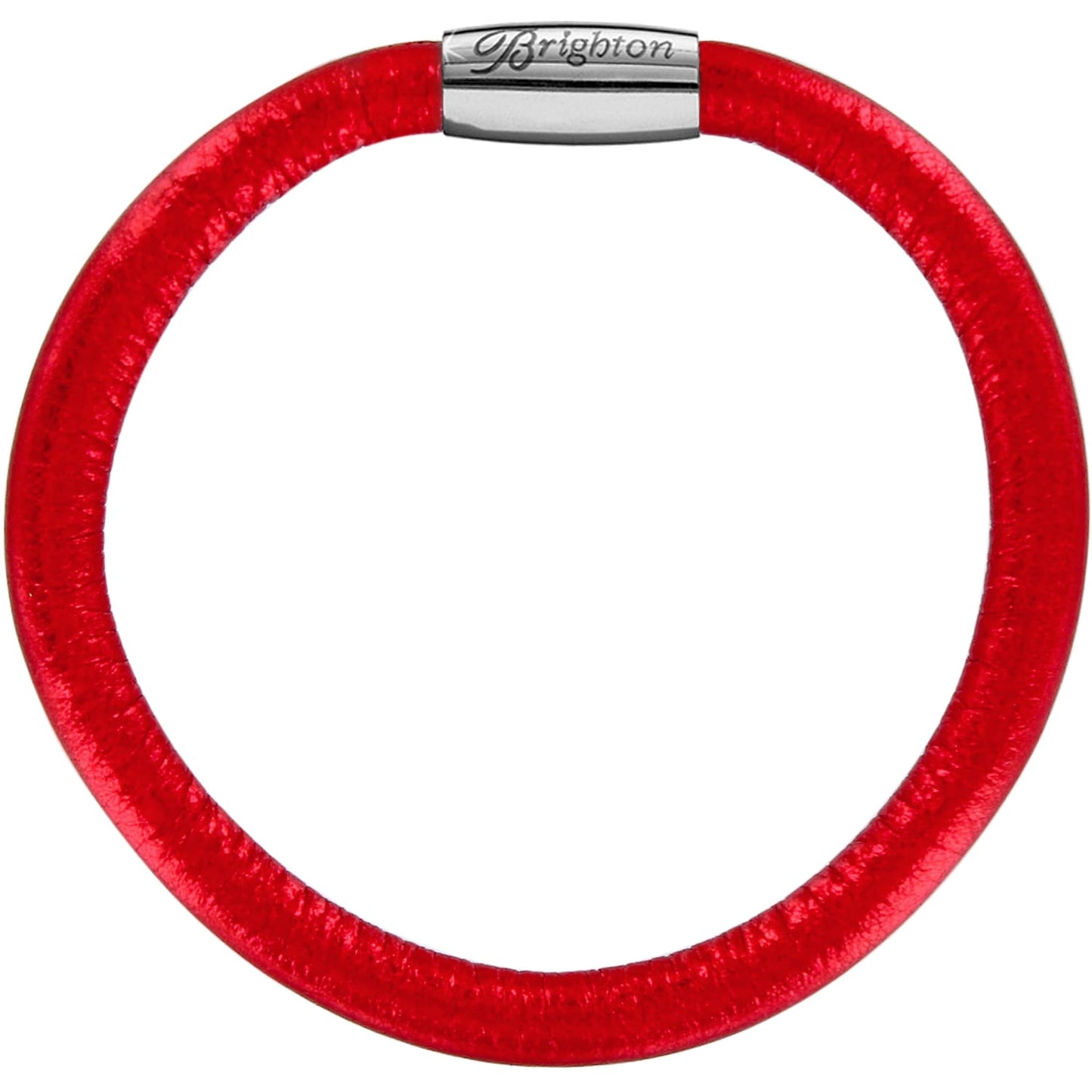 Brighton bracelet in red metallic leather with silver-plated magnetic clasp engraved with brand name on a white background
