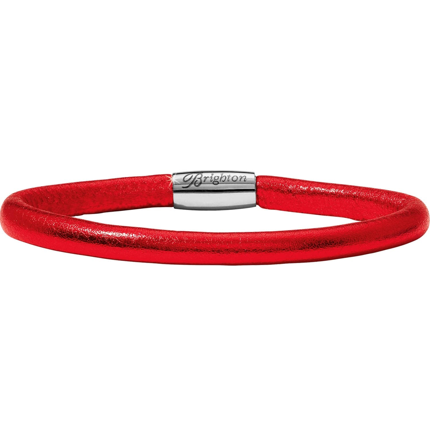 Brighton bracelet in metallic red leather with silver-plated magnetic clasp engraved with brand name on a white background