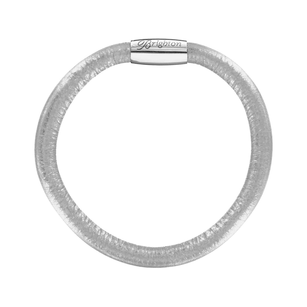 Brighton bracelet in white leather with silver-plated magnetic clasp and engraved logo on a white background