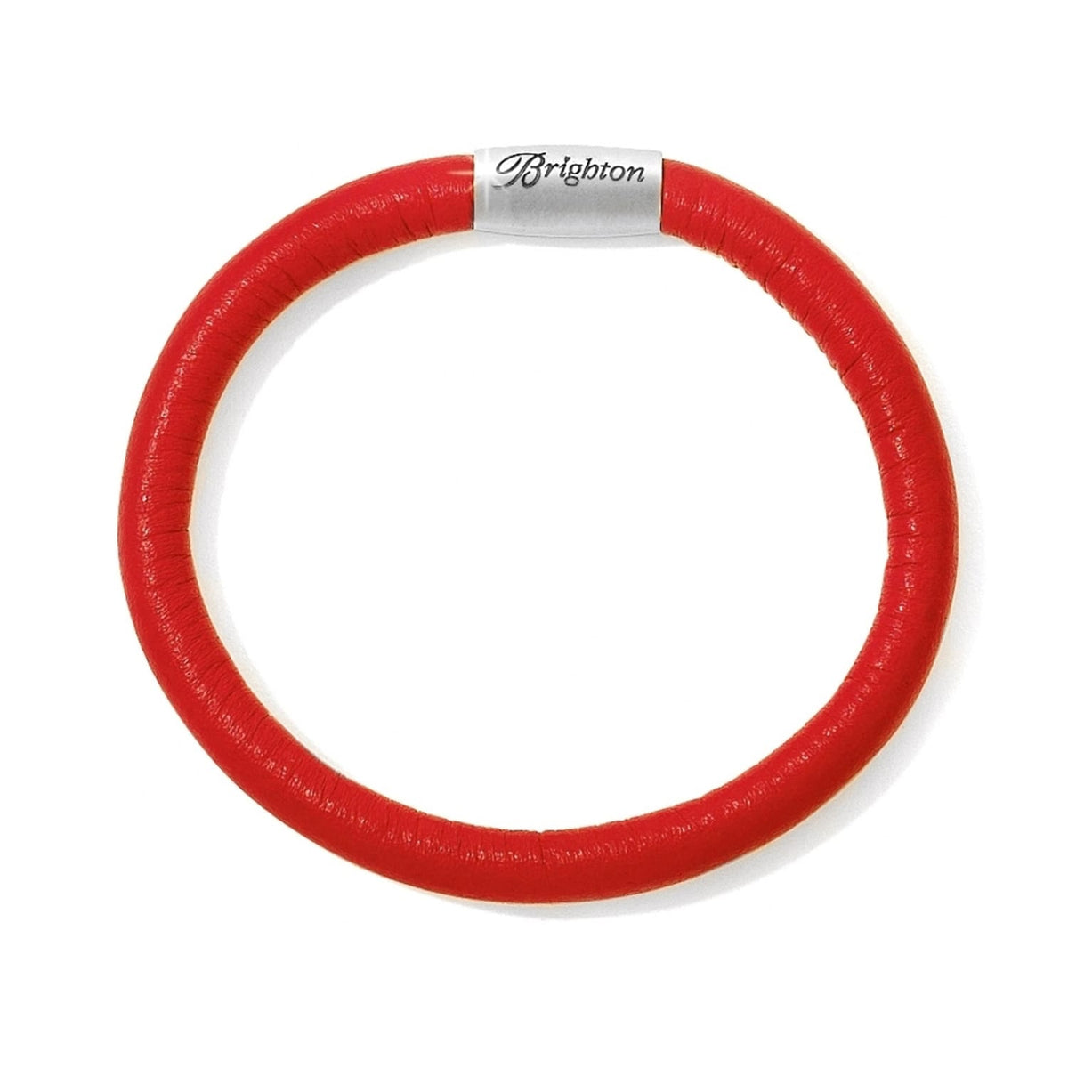 Brighton bracelet in red leather with silver-plated magnetic clasp featuring engraved logo on a white background