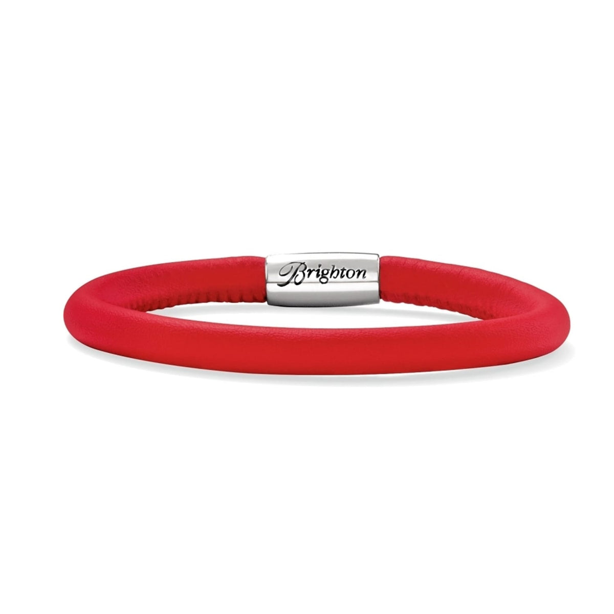 Brighton bracelet in red leather with silver-plated magnetic clasp featuring engraved logo on a white background