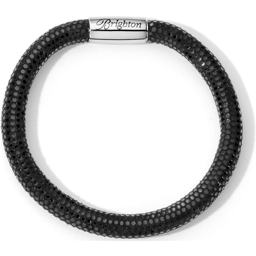 Brighton bracelet with black crystal-covered band and silver-plated magnetic clasp engraved with logo on a white background