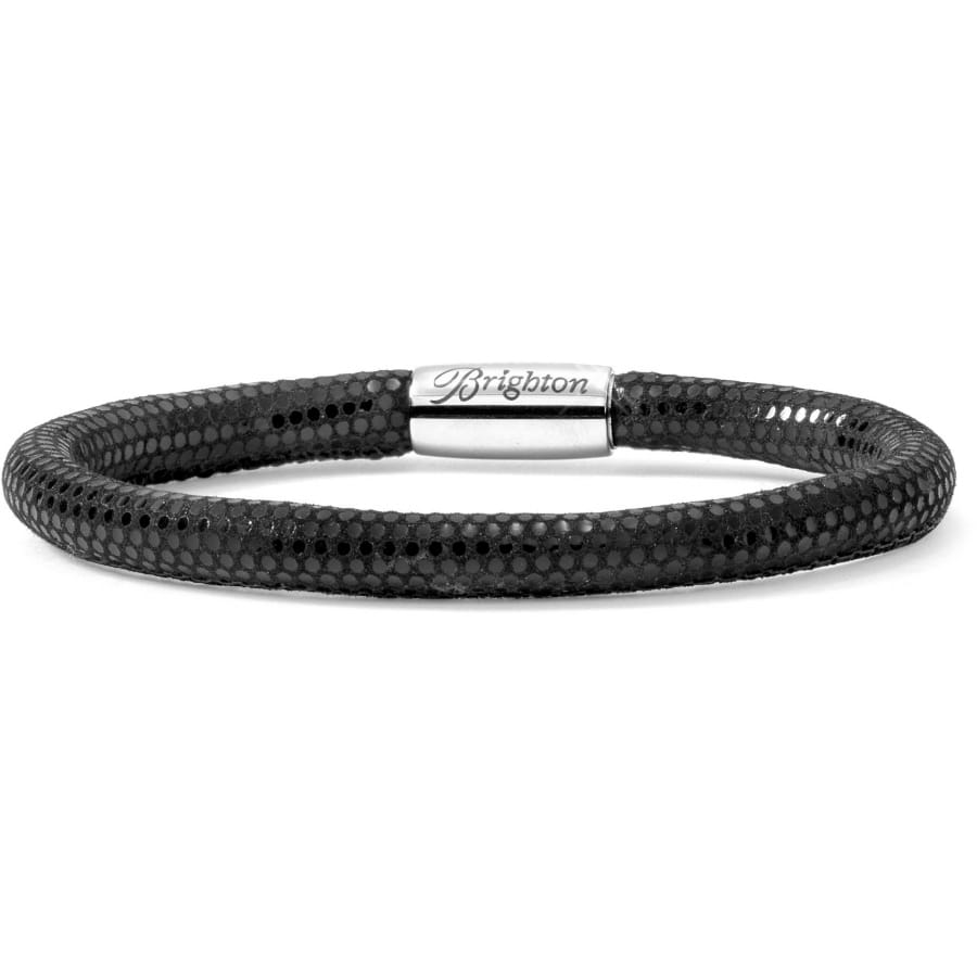 Brighton bracelet in black textured design with silver-plated engraved magnetic clasp on a white background