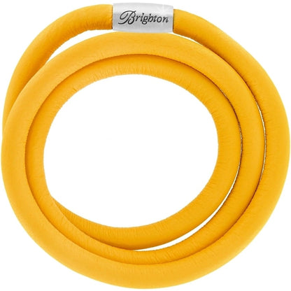 Brighton yellow leather wrap bracelet with silver-plated magnetic clasp featuring engraved logo on a white background
