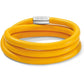 Brighton multi-strand yellow leather wrap bracelet with silver-plated magnetic clasp on a white background