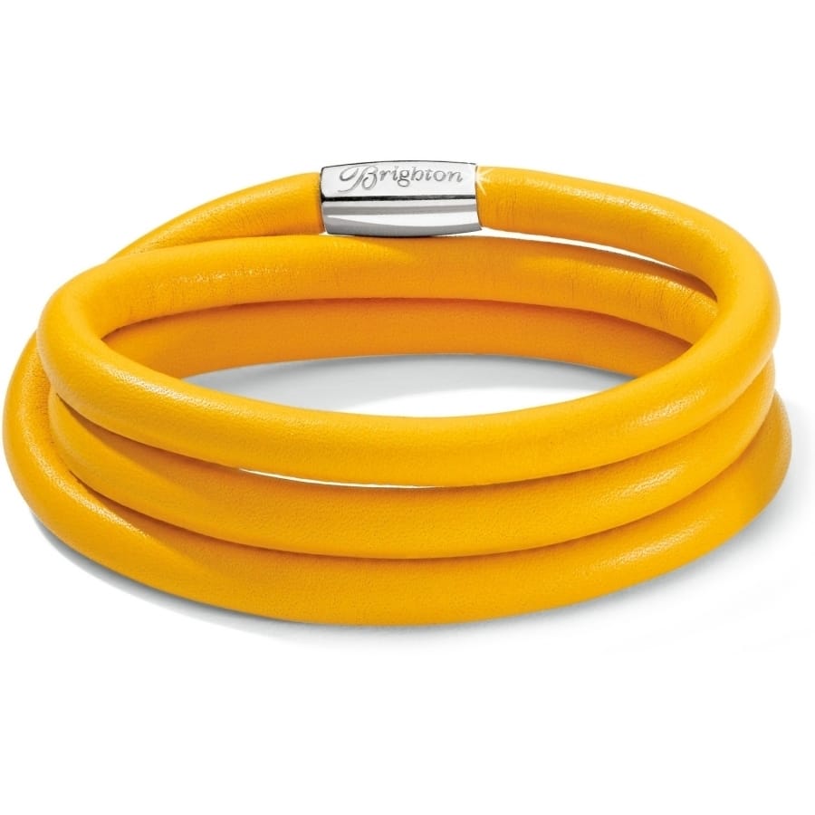 Brighton multi-strand yellow leather wrap bracelet with silver-plated magnetic clasp on a white background