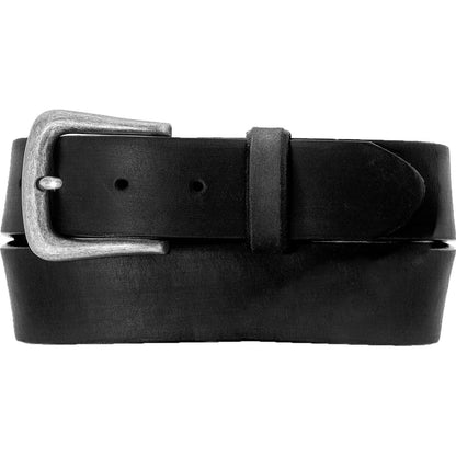 Brighton black leather belt with silver-tone arched buckle and matching keeper loop on a white background