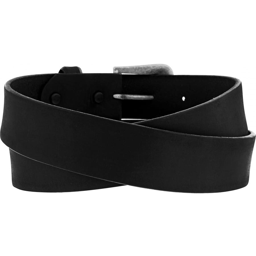 Brighton black leather belt coiled with silver-tone buckle and pin closure on a white background