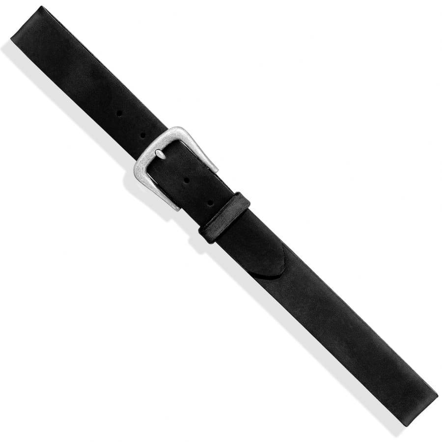 Brighton black leather belt with silver-tone buckle and keeper loop shown diagonally on a white background