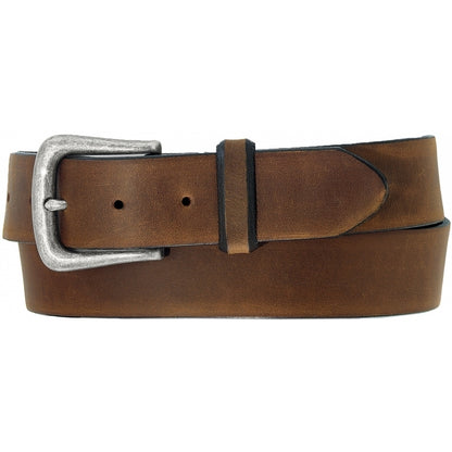 Brighton brown leather belt with antiqued silver-tone buckle and single keeper loop on a white background
