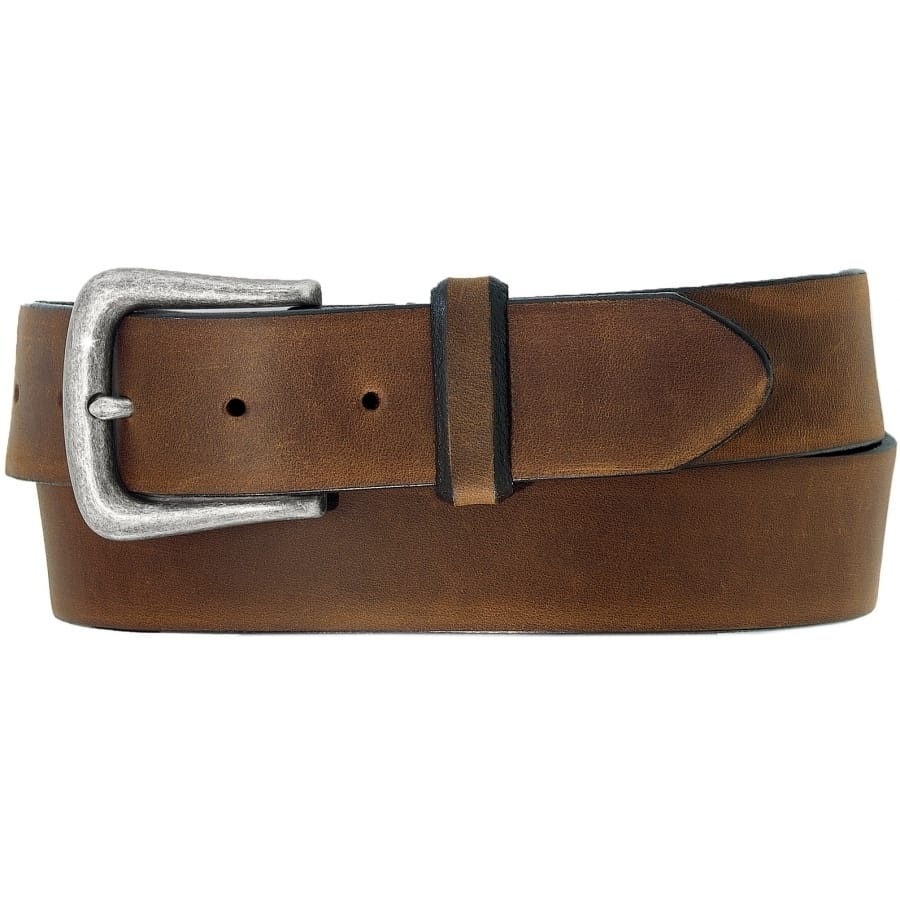 Brighton brown leather belt with antiqued silver-tone buckle and single keeper loop on a white background