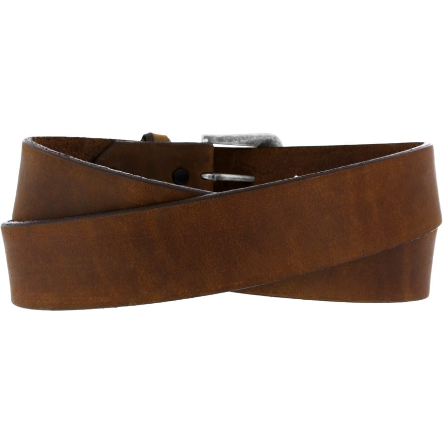 Brighton brown leather belt looped with silver-tone buckle and distressed finish on a white background