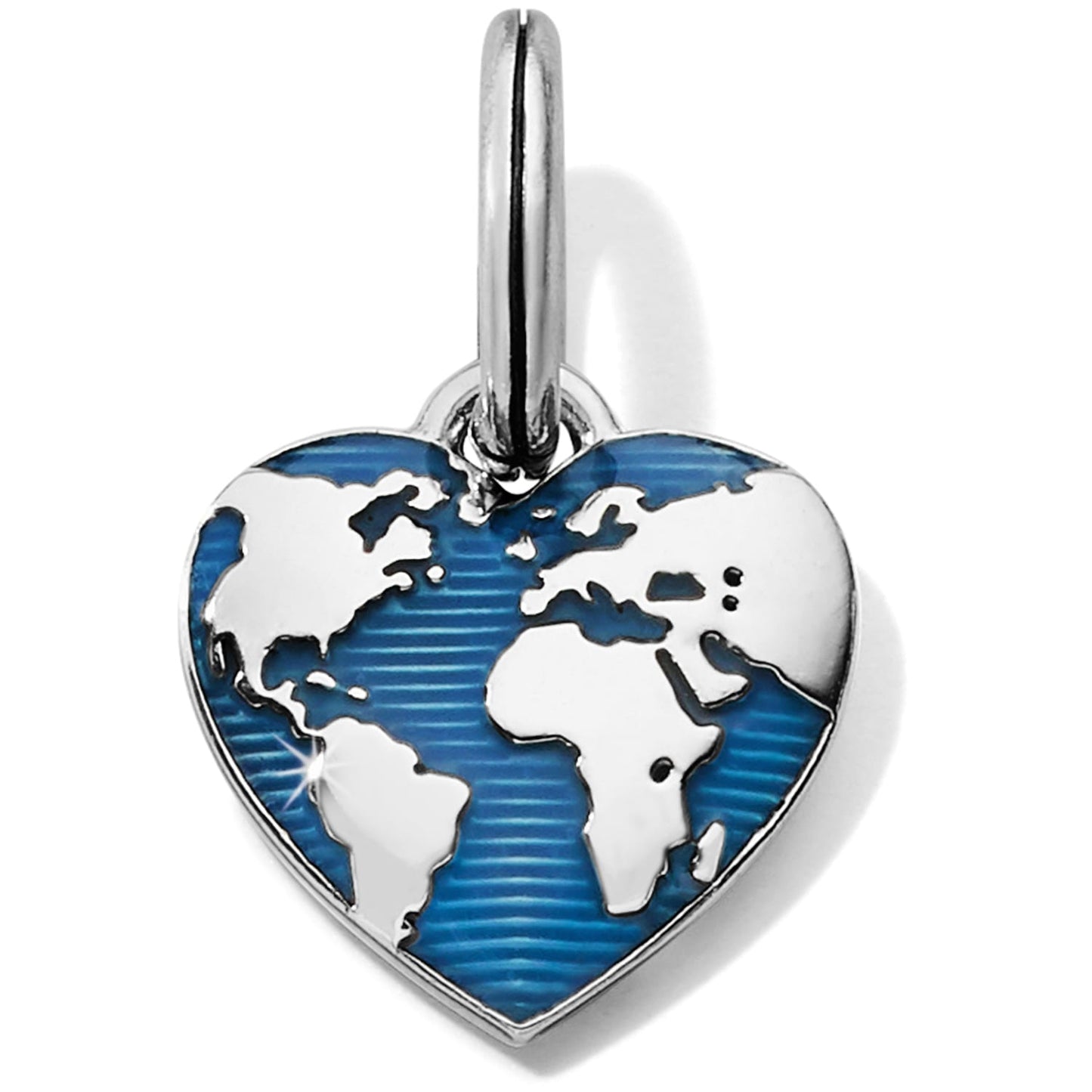 Brighton heart charm with silver-plated world map design over blue enamel background on a white background