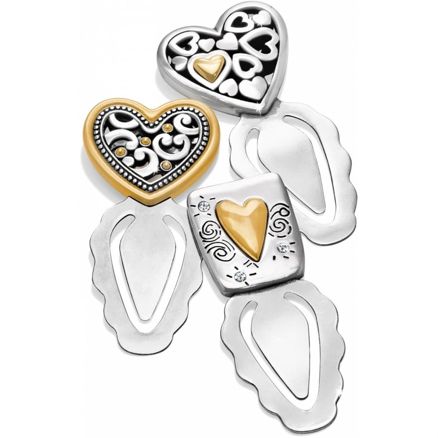 Brighton two-tone bookmarks set with heart and square silver and gold decorative tops on a white background