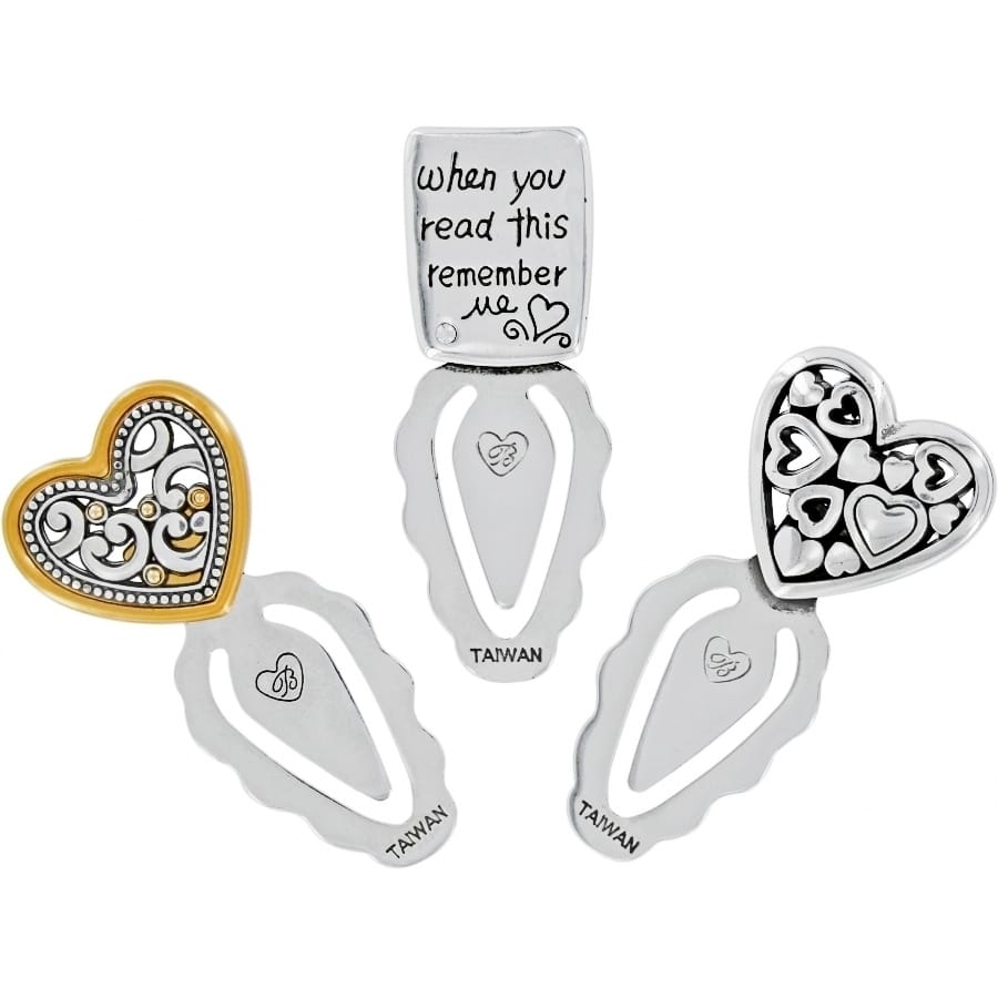 Brighton bookmarks with two-tone heart tops, filigree design, engraved hearts, and inscribed message on a white background
